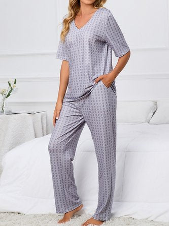 Simple Geometric Print Veck Top With Pants Casual Pajama Set
