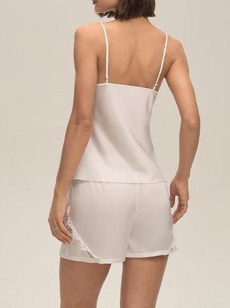 Satin Plain V Neck Lace Pajamas Casual Lounge Set