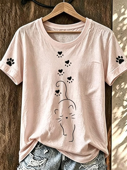 Casual Cat Crew Neck Short Sleeve T-shirt