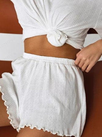 Plain Cotton Crew Neck Short Sleeve Top With Shotrs Casual Pajama Set