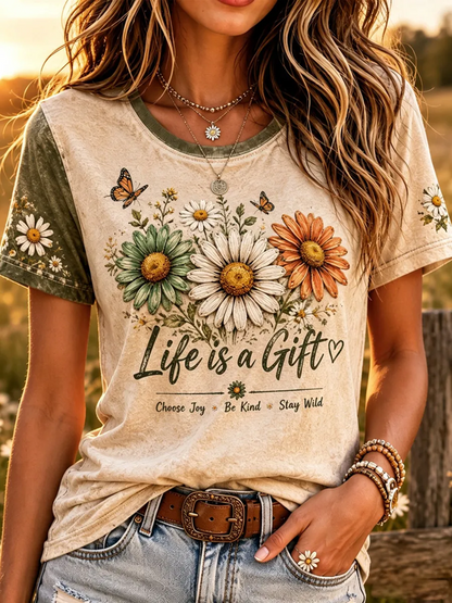 Casual Floral Crew Neck Short Sleeve T-shirt