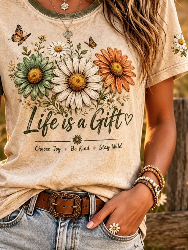 Casual Floral Crew Neck Short Sleeve T-shirt
