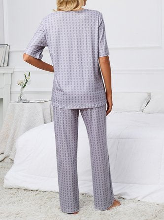 Simple Geometric Print Veck Top With Pants Casual Pajama Set