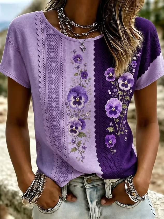 Casual Floral Crew Neck Short Sleeve T-shirt