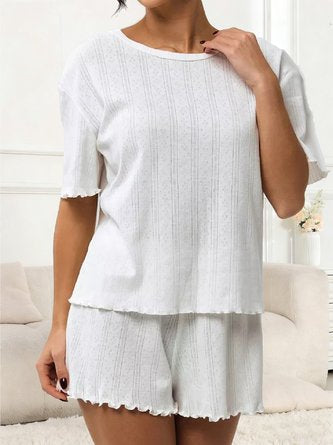 Plain Cotton Crew Neck Short Sleeve Top With Shotrs Casual Pajama Set