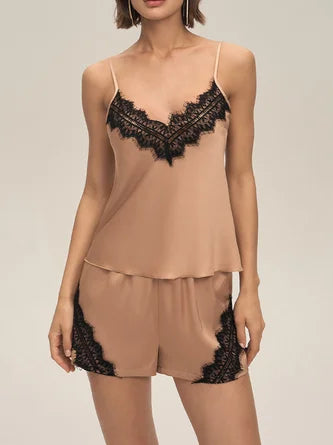 Satin Plain V Neck Lace Pajamas Casual Lounge Set