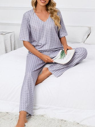 Simple Geometric Print Veck Top With Pants Casual Pajama Set