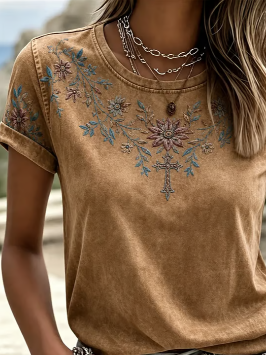 Casual Floral Crew Neck Short Sleeve T-shirt