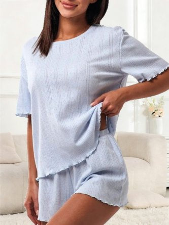 Plain Cotton Crew Neck Short Sleeve Top With Shotrs Casual Pajama Set