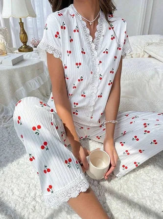 Cherry Print Lace V Neck Short Sleeve Top With Pants Casual Pajama Set