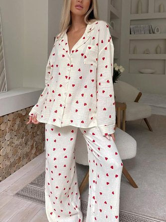 Heart Print Long Sleeve shirt and Pants Casual Pajama Set