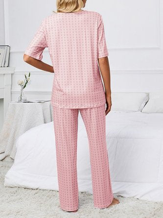 Simple Geometric Print Veck Top With Pants Casual Pajama Set