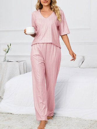 Simple Geometric Print Veck Top With Pants Casual Pajama Set