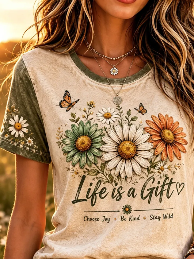 Casual Floral Crew Neck Short Sleeve T-shirt