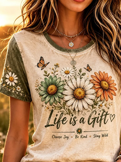 Casual Floral Crew Neck Short Sleeve T-shirt