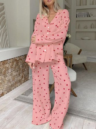Heart Print Long Sleeve shirt and Pants Casual Pajama Set