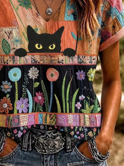 Vintage Floral V Neck Short Sleeve T-shirt