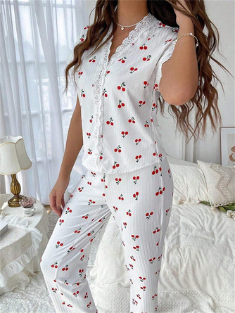 Cherry Print Lace V Neck Short Sleeve Top With Pants Casual Pajama Set