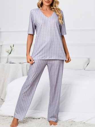 Simple Geometric Print Veck Top With Pants Casual Pajama Set