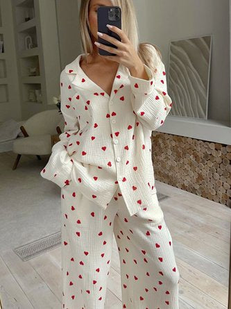Heart Print Long Sleeve shirt and Pants Casual Pajama Set