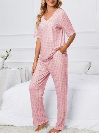 Simple Geometric Print Veck Top With Pants Casual Pajama Set