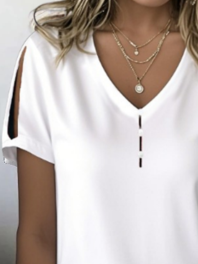 Casual Plain V Neck Short Sleeve T-shirt