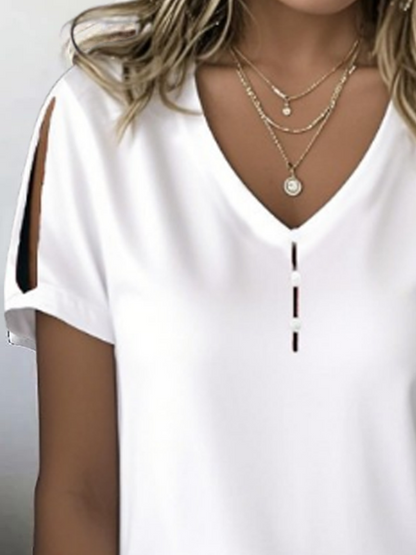 Casual Plain V Neck Short Sleeve T-shirt