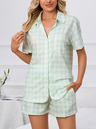 Plaid Shawl Collar Short Sleeve Shirt With Shorts Casual Pajama Set