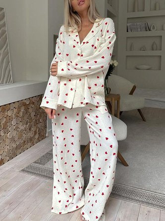 Heart Print Long Sleeve shirt and Pants Casual Pajama Set