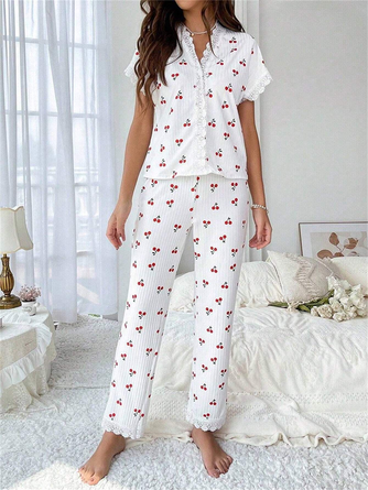 Cherry Print Lace V Neck Short Sleeve Top With Pants Casual Pajama Set