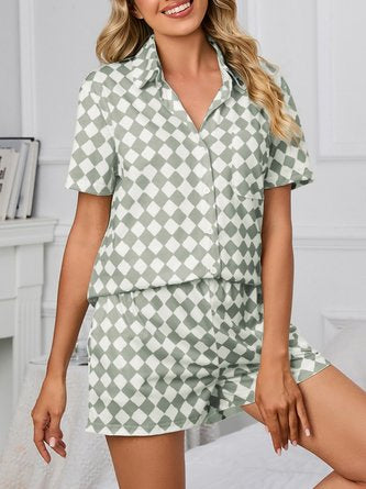 Plaid Shawl Collar Short Sleeve Shirt With Shorts Casual Pajama Set