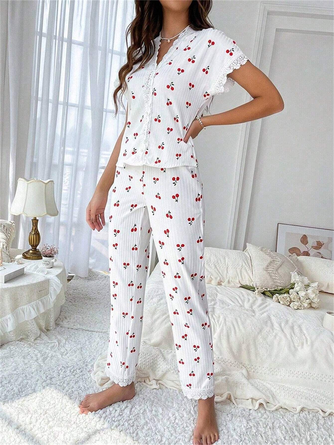 Cherry Print Lace V Neck Short Sleeve Top With Pants Casual Pajama Set