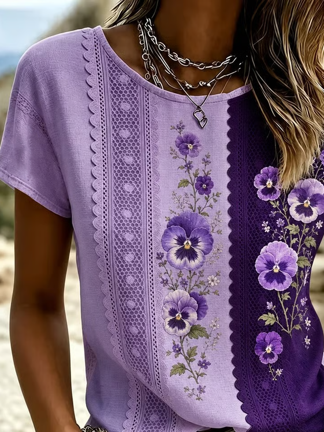 Casual Floral Crew Neck Short Sleeve T-shirt