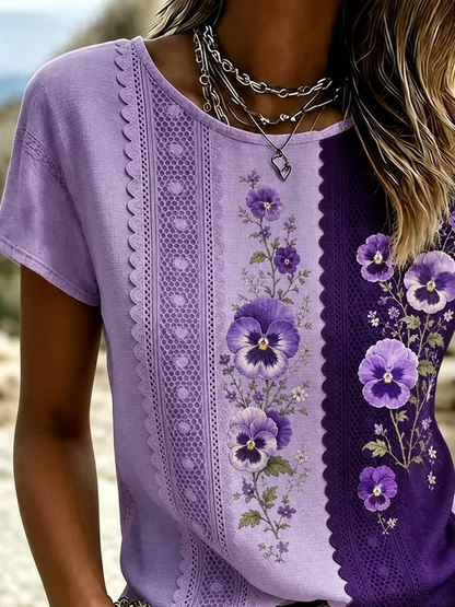 Casual Floral Crew Neck Short Sleeve T-shirt