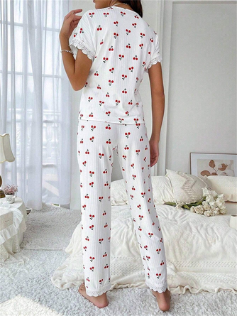 Cherry Print Lace V Neck Short Sleeve Top With Pants Casual Pajama Set