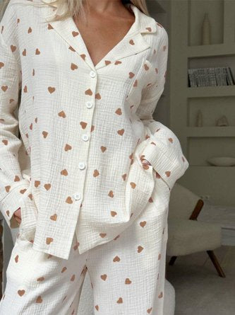 Heart Print Long Sleeve shirt and Pants Casual Pajama Set
