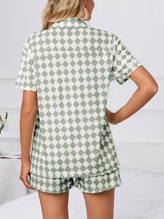 Plaid Shawl Collar Short Sleeve Shirt With Shorts Casual Pajama Set