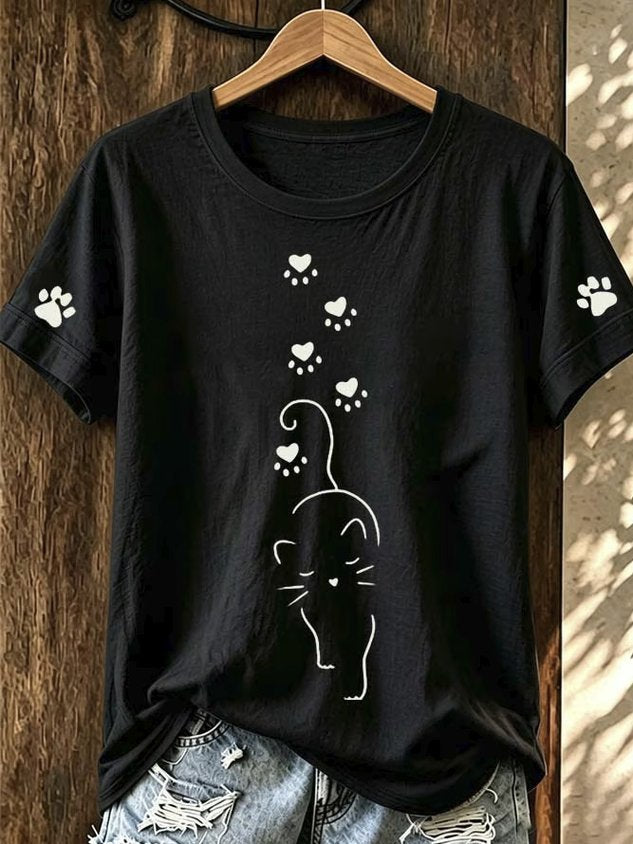 Casual Cat Crew Neck Short Sleeve T-shirt