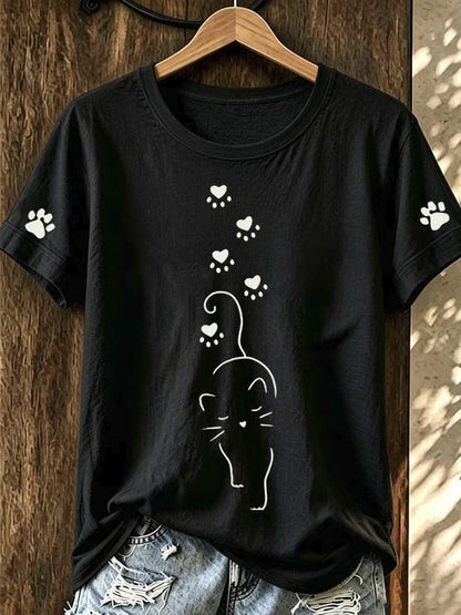 Casual Cat Crew Neck Short Sleeve T-shirt