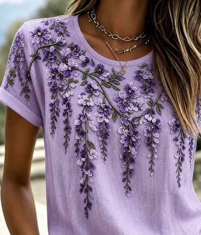 Vintage Floral Crew Neck Short Sleeve T-shirt