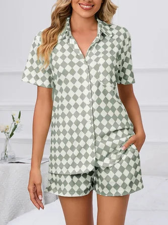 Plaid Shawl Collar Short Sleeve Shirt With Shorts Casual Pajama Set