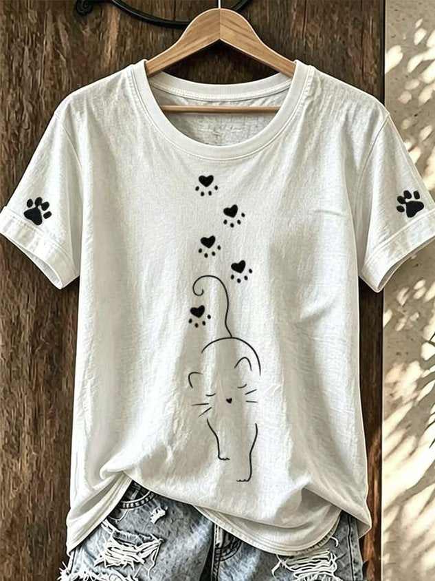 Casual Cat Crew Neck Short Sleeve T-shirt