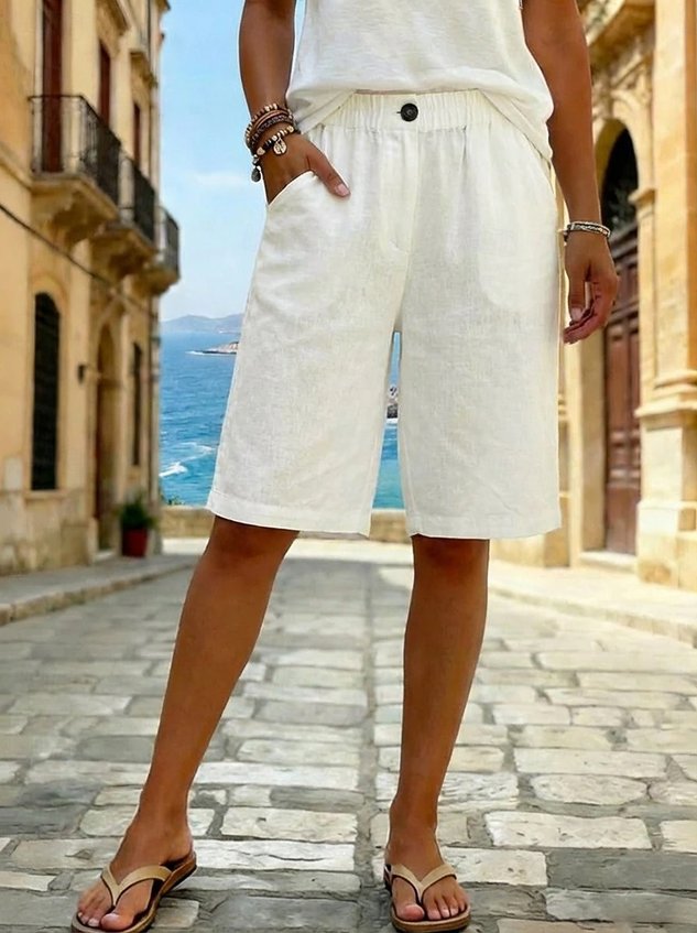 Vintage Plain Natural Straight Pants Shorts