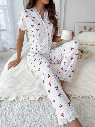 Cherry Print Lace V Neck Short Sleeve Top With Pants Casual Pajama Set