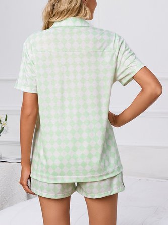 Plaid Shawl Collar Short Sleeve Shirt With Shorts Casual Pajama Set