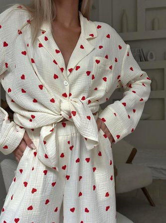 Heart Print Long Sleeve shirt and Pants Casual Pajama Set