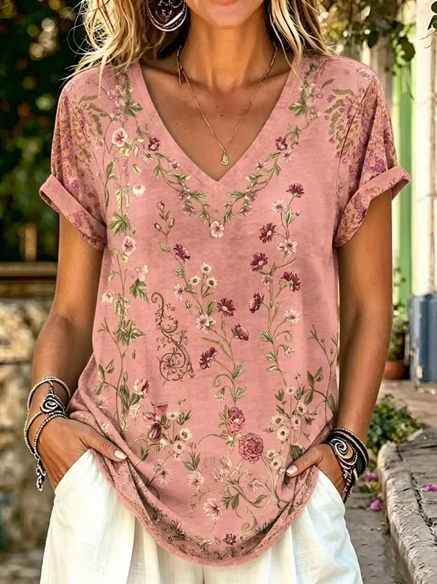 Vintage Floral V Neck Short Sleeve T-shirt