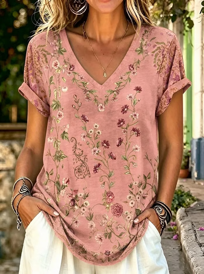 Vintage Floral V Neck Short Sleeve T-shirt